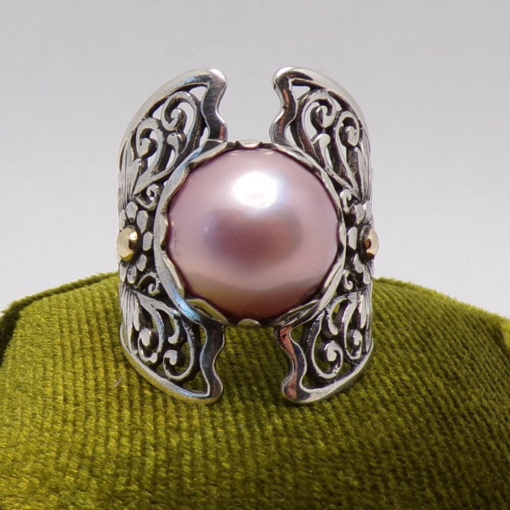 925 Sterling Silver Intricate Floral Design Balinese Pink Pearl Ring Size 7 or 8